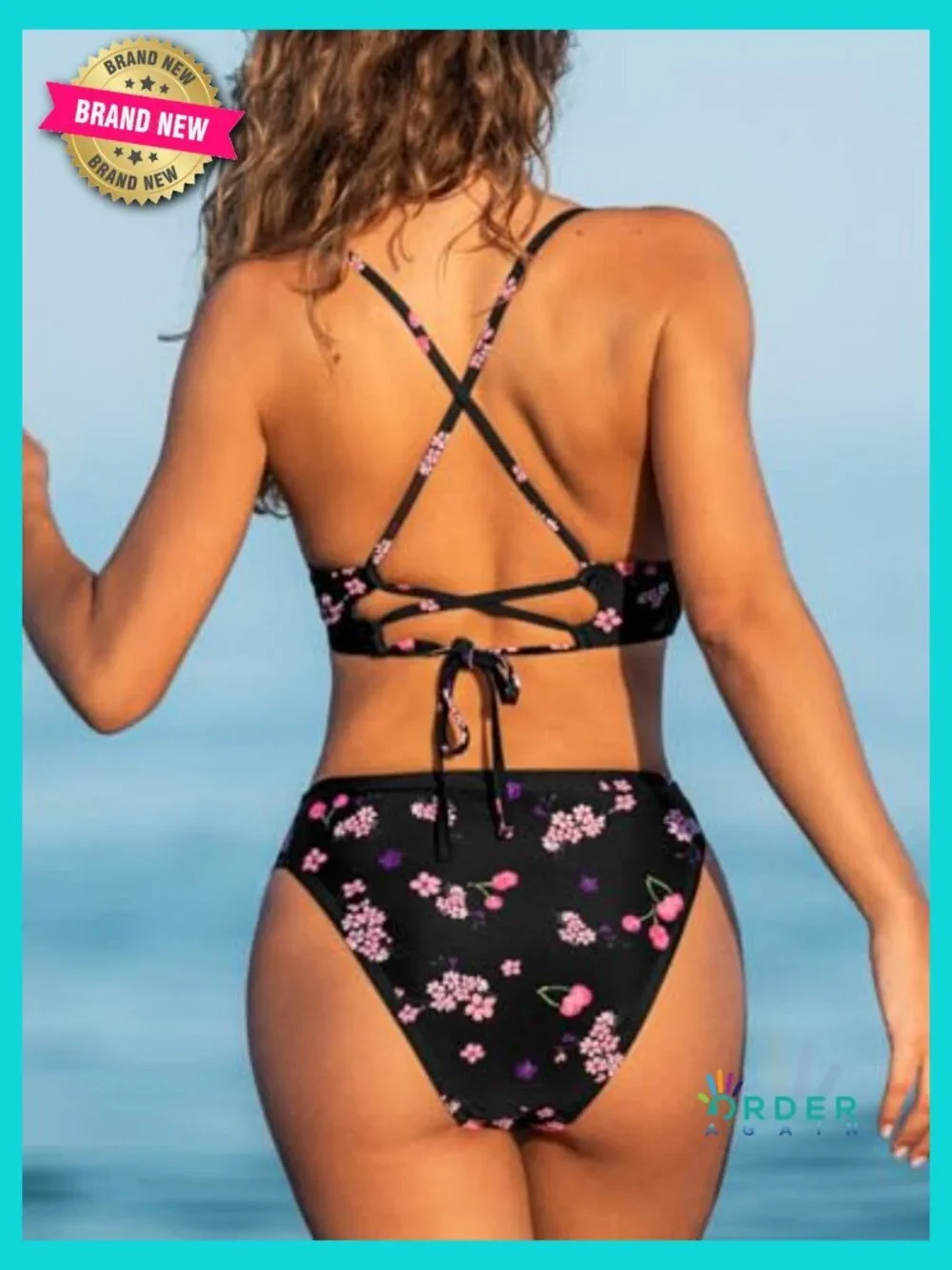 High Waisted Bikini Set Two Piece V Neck Cutout Back Lace Up Supportive
